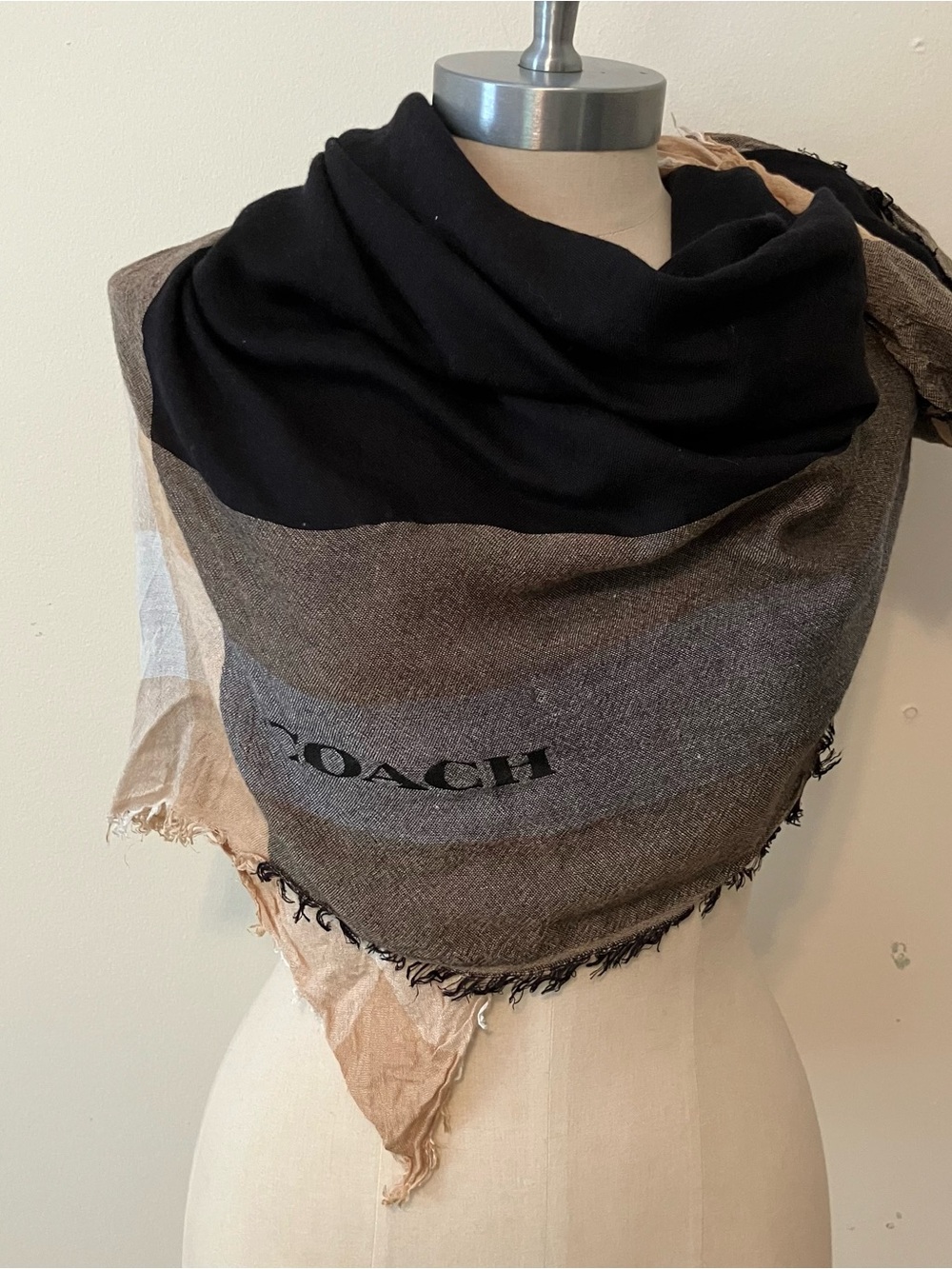 Coach Plaid Square 42” Scarf Shawl Brown Black Old Money Preppy Neutral